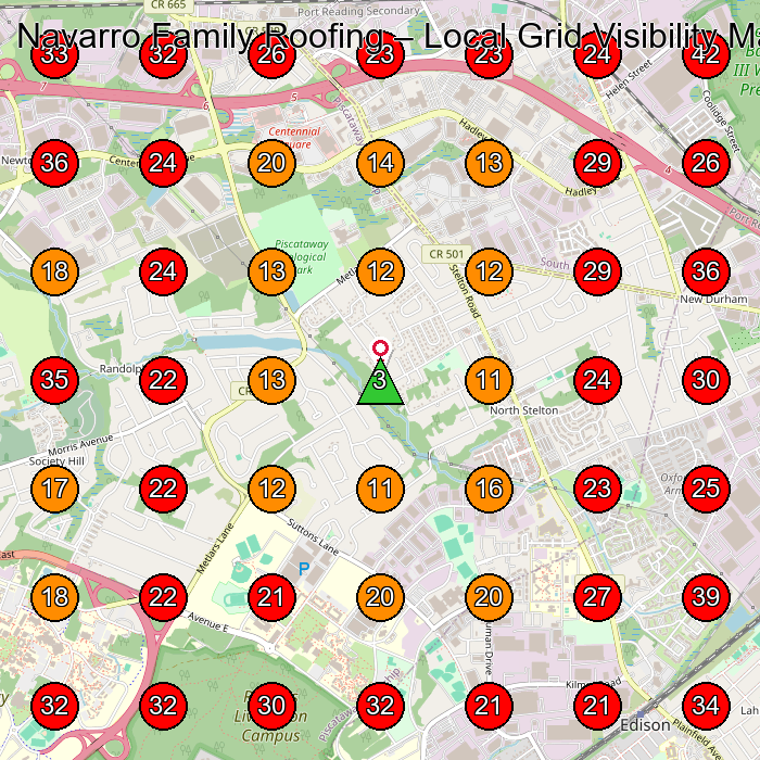 Navarro Family Roofing GeoGrid visibility map for Roofing Contractor in Edison